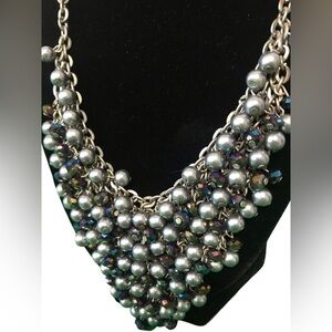 Mesh V Beaded Necklace Pewter